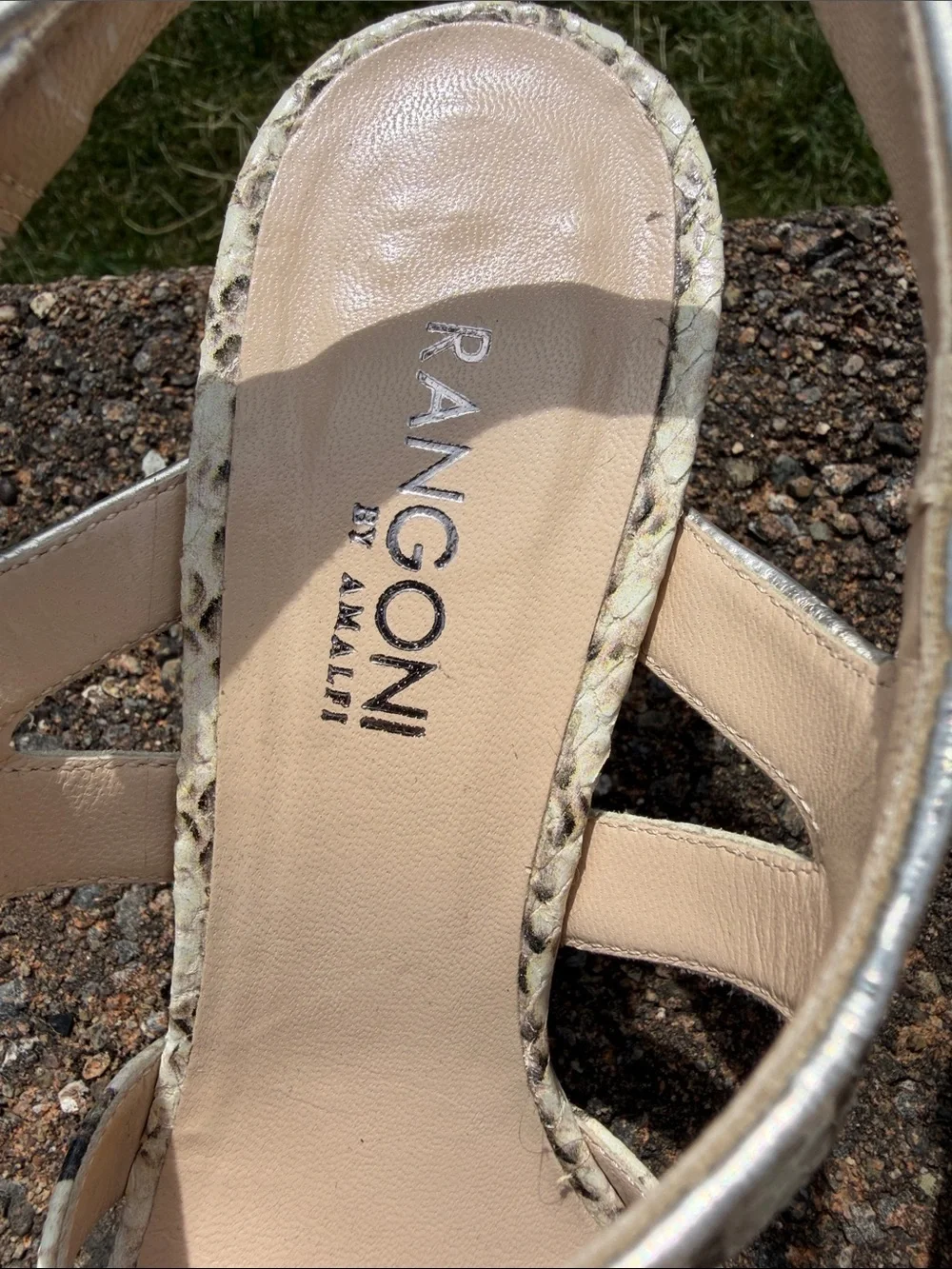 Rangoni Snake-Print Ankle Strap Heels in Beige and Cream